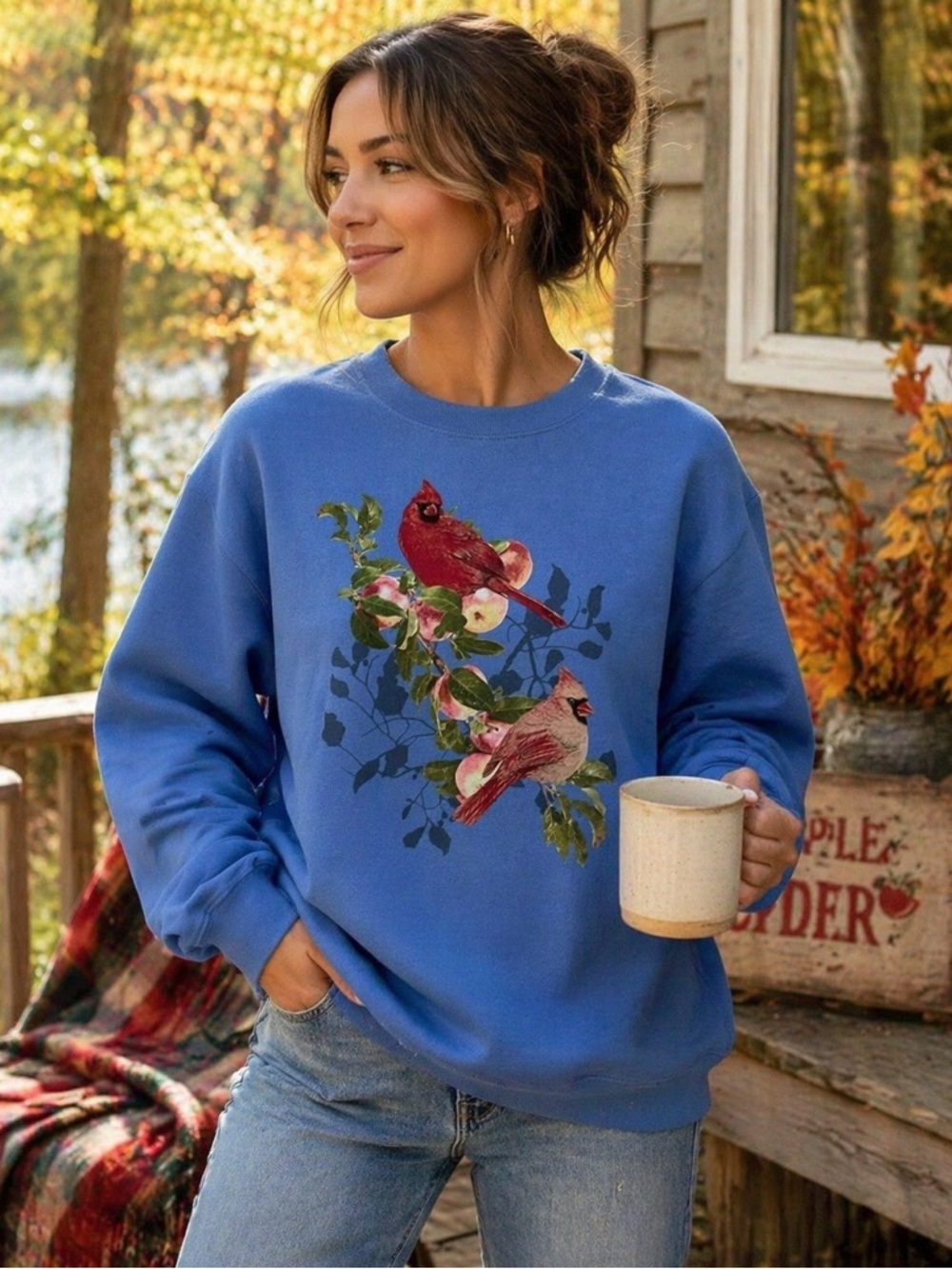 Vintage Womens Sweatshirt Sm Red Bird Cardinal Graphic Cottagecore Morning Sun